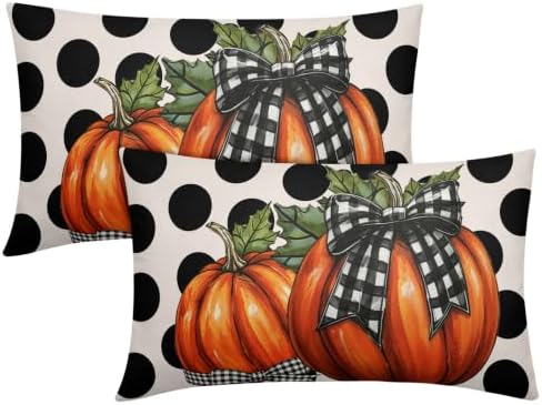 Fall Pumpkin Lumbar Pillow Covers 12x20 Set of 2 Vintage Orange Buffalo Plaid Bow Polak Dot Outdoor Throw Pillows Covers Autumn Thanksgiving Decorative Farmhouse Cushion Case for Room Couch Sofa by Unknown