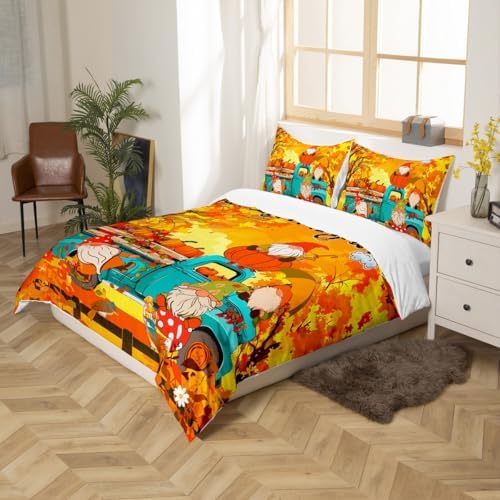 Autumn Pumpkin Kids Duvet Cover Set Full Size,Cute Gnomes Truck Harvest Bedding Set,Girls Boys Adults Room/Cabin Decor,Fall Maple Leaves Comforter Cover,Colorful Bright Quilt Cover,2 Pillowcases - Image 5