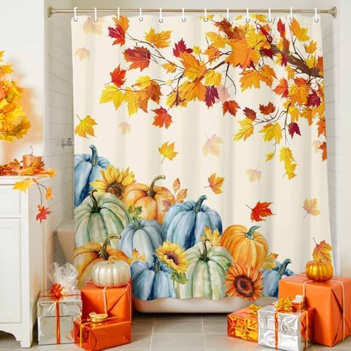 Fall Shower Curtain Autumn Maple Leaves Bathroom Curtains with Hooks, Waterproof Polyester Fabric Thanksgiving Harvest Pumpkin Sunflower Shower Curtains Set for Bathroom Bathtubs Decor 66x72 Inch - Image 3