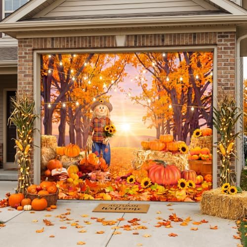 Teenyyou Fall Garage Door Cover 7 x 8 ft Thanksgiving Scarecrow Pumpkin - Image 4