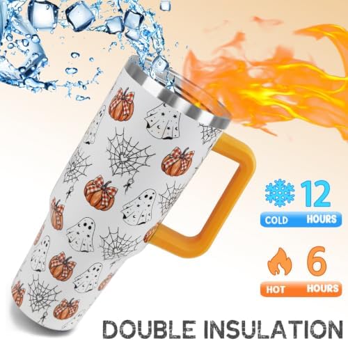 Halloween Tumbler with Handle 40 oz Pumpkin Ghost Spiderweb Coffee Travel Mug Stainless Steel Goth Insulated Cups Cute Halloween Decor Gifts - Image 3
