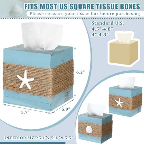 Thyle 2 Pcs Coastal Square Tissue Box Cover Blue Starfish Shell Tissue Box Holder Closure Wood Beach Decorations Farmhouse Cube Napkin Holder for Summer Kitchen Car Home Office Living Room Bedroom - Image 2
