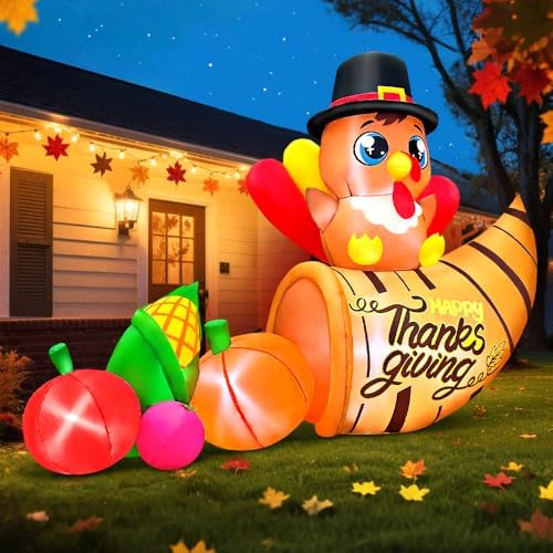 6FT Thanksgiving Inflatables Outdoor Decoration Inflatable Turkey with Cornucopla, Built in LED Lights Blow Up Yard Decorations for Fall Holiday Party Garden Lawn Décor - Image 4