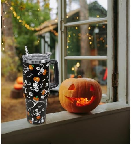 Halloween Tumbler 40oz Skull Tumbler Ghost Spooky Leak Proof Cups with Handle and Straw Insulated Water Bottle Skeleton Coffee Travel Mugs for Halloween Decor Gifts for Women Men (1PCS) - Image 2