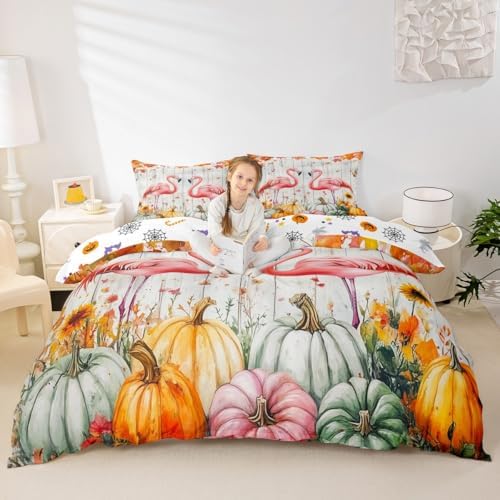 Erosebridal Fall Pumpkin Harvest Duvet Cover Toddler Size, Happy Thanksgiving Comforter Cover for Kids Teens Adult Bedroom,Flamingo Maple Autumn Leaves Bedding Set Rustic Farmhouse Barn Door Bed Set by Erosebridal