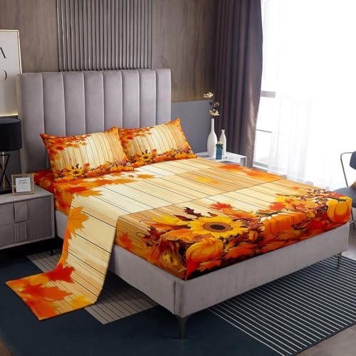 Feelyou Fall Pumpkin Bed Sheets Set Full Size Thanksgiving Harvest Season Fruit Decor Sheet Set for Kids Boys Girls Decor Maple Leaf Sheets with Deep Pocket Fitted Sheet Orange by Feelyou