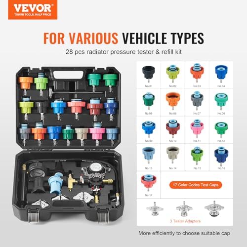 VEVOR 28 pcs Universal Radiator Pressure Tester Kit, Coolant Pressure Tester Kit with Manual Pump and Color-Coded Test Caps, Coolant Vacuum Refill kit for Cars Motorcycles Trucks Cooling System - Image 2