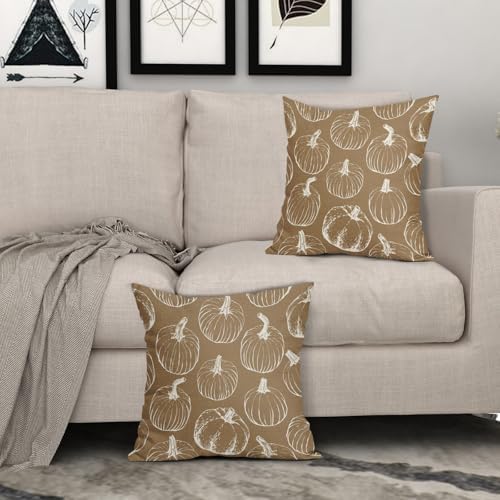 Brown Fall Pumpkin Pillow Covers 24x24 Set of 2 Autumn Themed Thanksgiving Cream Print Decorative Throw Pillows Outdoor Pillowcase Farmhouse Linen Cushion Case Decor for Home Sofa Couch Bed - Image 3