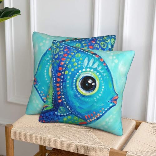 Blue Fish Painting Throw Pillow Covers 18x18 inch Set of 2 - Image 4