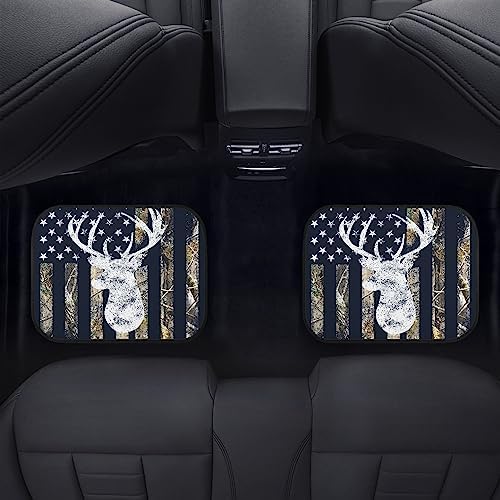 Camo Deer Car Floor Mats Set of 4,USA Camo Buck Deer Hunting American Flag Vehicle Front Rear Carpets Mats Universal Car Floor Rugs Non-Slip Auto Car Decor Accessories for Car SUV Van Truck