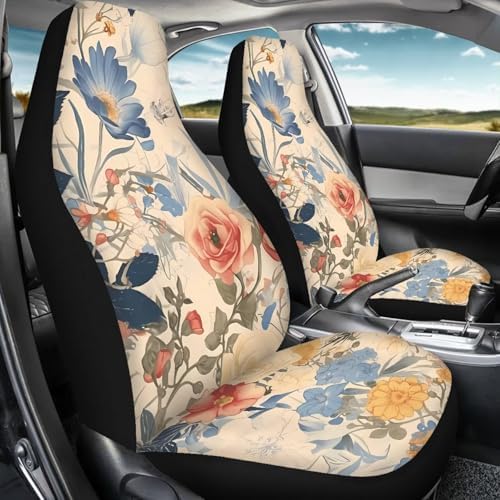 Wild Flower Car Seat Covers for Full Seats, Pink Peony Waterproof Seat Covers for Cars, French Classical Daisy Floral 2 Pcs Universal Fit Automotive Seat Covers