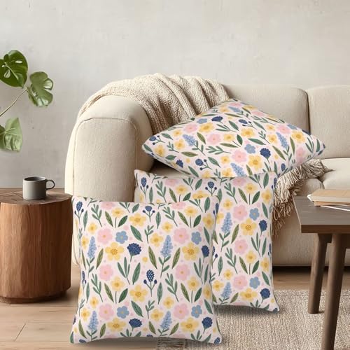 KiuLoam Spring Cute Watercolor Floral Pillow Covers 20x20 Inch Set of 2, Yellow Pink Blue Rustic Farmhouse Decorative Throw Pillows, Outdoor Square Cushion Cases for Sofa Couch Bed Home Decor - Image 6