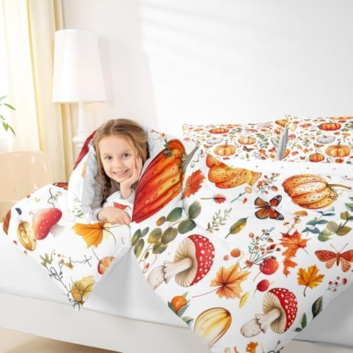 Feelyou Fall Bedding Set for Girls Boys Kids Toddler Size Halloween Pumpkin Autumn Comforter Cover Room Decor Cute Flowers Maple Leaves Duvet Cover White Yellow Orange Quilt Set - Image 6