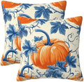 KiuLoam Blue and Orange Fall Pillow Covers 16x16 Inch Set of 2, Fall Decor Pumpkin Leaf Autumn Print Decorative Throw Pillows, Rustic Farmhouse Style Cushion Covers for Sofa Couch Bed Home Decor by KiuLoam