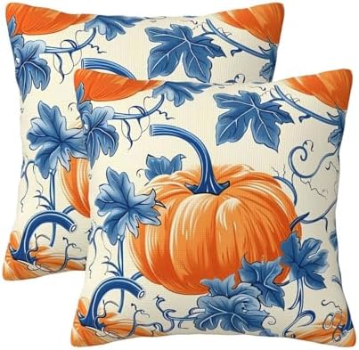 KiuLoam Blue and Orange Fall Pillow Covers 22x22 Inch Set of 2, Fall Decor Pumpkin Leaf Autumn Print Decorative Throw Pillows, Rustic Farmhouse Style Cushion Covers for Sofa Couch Bed Home Decor by KiuLoam
