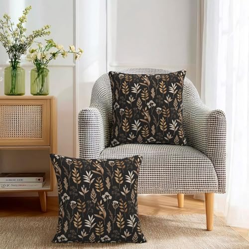 KiuLoam Vintage Botanical Wildflower Pillow Covers 16x16 Set of 2 Black Brown Floral Leaf Rustic Farmhouse Decorative Throw Pillows Neutral Outdoor Square Cushion Cases for Sofa Couch Bed Home Decor - Image 3