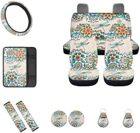 Bohemian Dragonfly Car Seat Covers Full Set 12Pcs Universal Fit Front and Split Bench Rear+Steering Wheel Cover+Seatbelt+Key+Center Console Armrest Pads for Cars,Boho Car Accessory