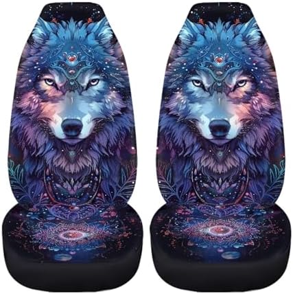 Galaxy Wolf Print Car Seat Covers for Women Men Purple Mandala Flowers Non-Slip Automobile Seat Covers Mats Pads for SUV Truck Van Chairs Front Seat Cushion Car Interior Protection