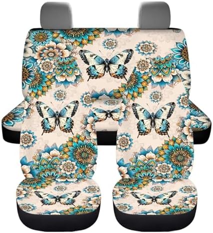 Boho Mandala Flower Butterfly Print Car Front Rear Seat Covers Full Set of 4 Car Accessories Vehicle Split Bench Protector Universal Fit for Cars Truck Sedan
