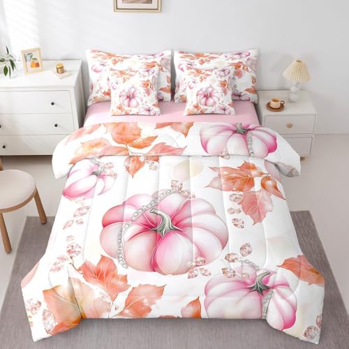 Erosebridal Girls Pink Fall Twin Comforter Set 7 Piece,Maple Leaves Pumpkin Kids Bed in A Bag with Sheets Glitter Diamond Autumn Bedding Set for Teen Girl Women,Thanksgiving Harvest Bed Set by Erosebridal