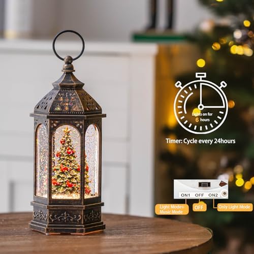 Christmas Snow Globe Lantern Water Glittering Christmas Tree with Cardinal, USB Lined/Battery Operated Lighted Lantern for Christmas Festival Decoration Gifts - Image 2
