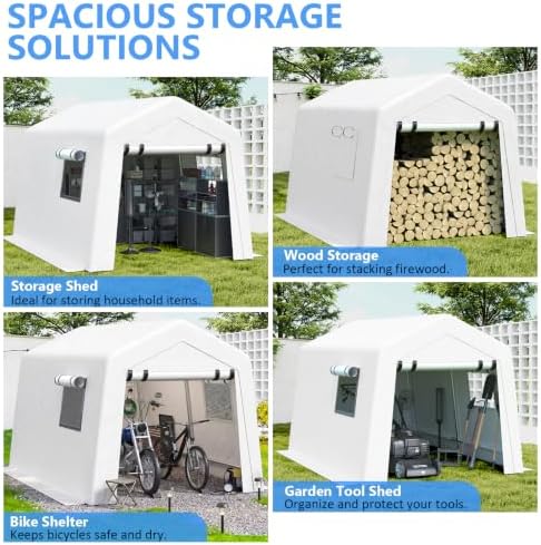 Jocoevol 8x10 FT Enclosed Carport with Roll-up Windows, Removable Sidewalls & Doors and Wind Ropes for Bike Motorcycle, White - Image 5