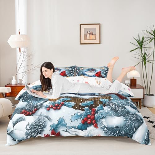 Manfei Kawaii Santa Claus Kids Duvet Cover Set Queen Size,Poinsettia Cardinal Christmas Birds Bedding Set,Holly Berries Winter Snowflake Room Decor,Blue Red Quilt Cover,2 Pillowcases(No Comforter) - Image 2