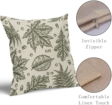 Olive Green Fall Pillow Covers 16x16 Set of 2 Cream Maple Leaf Print Autumn Colored Harvest Decorative Outdoor Pillowcases Farmhouse Seasonal Throw Cushion Case Decor for Home Couch Sofa Bed - Image 4