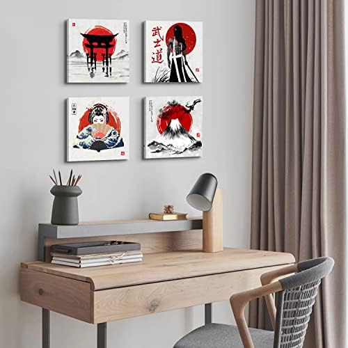 Japanese Wall Art Vintage Anime Posters Asian Samurai Geisha Fuji Mountain Picture Canvas Prints Red Decor for Living Room Bedroom Japan Painting Modern Artwork Bathroom Home Decorations 12x12” 4Pcs - Image 5