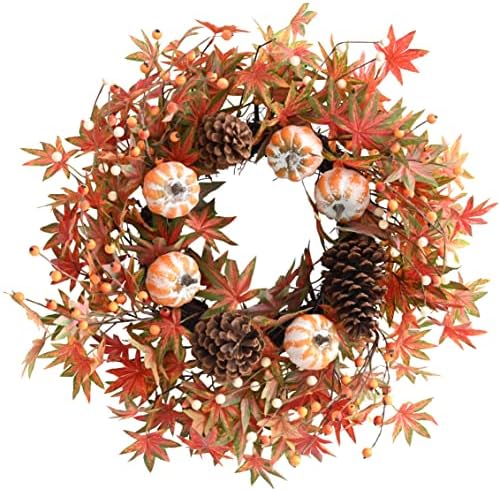 Fall Wreath for Front Door Artificial Autumn Grapevine Wreath with Berry Branches Farmhous Maple Leaves Wreath with Pine Cones and Mini Pumpkins for Indoor/Outdoor/Thanksgiving/Halloween/Home by Huashen