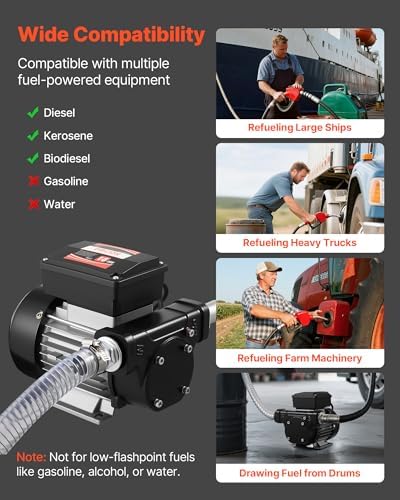 VEVOR Fuel Transfer Pump 110V, 16 GPM 60 L/min, AC Electric Oil Transfer Pump for Diesel Kerosene Biodiesel, with Auto Fuel Nozzle & 2 Hoses, 45 ft/13.7 m Max Lift, for Vehicles, Construction Sites - Image 6