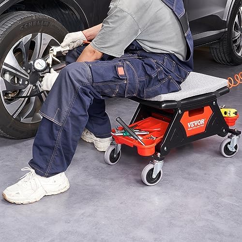 VEVOR Mechanic Stool 300 LBS Capacity Garage Stool Gift for Men, Heavy Duty Rolling Mechanics Seat, with Three Slide Out Tool Trays and Drawer, Tools for Automotive Auto Repair - Image 2