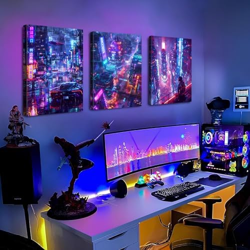 Cool Anime Wall Art Japanese Neon City Cyberpunk Decor Night Building Cityscape Canvas Pictures for Man Teen Boy Gamer Room Wall Decor Futuristic Street Pop Artwork Modern Home Decorations 16x24" 3Pcs - Image 6