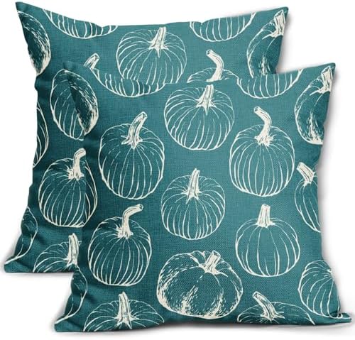 Teal Fall Pumpkin Pillow Covers 22x22 Set of 2 Autumn Themed Thanksgiving Cream Print Decorative Throw Pillows Outdoor Pillowcase Farmhouse Linen Cushion Case Decor for Home Sofa Couch Bed by Aytipun