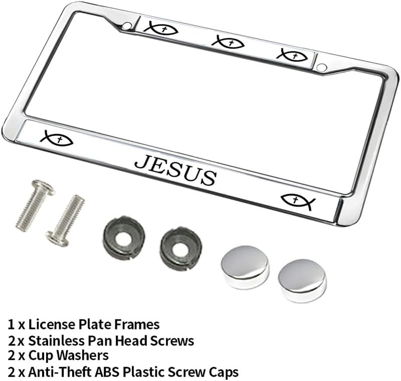 Jesus Fish Faith License Plate Frame Christian Faith Gift License Plate Frame Cross and Fish Scratch-Resistant License Plate Frame with Chrome Mounting Set