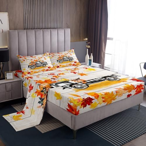 Fall Plaid Pumpkin Truck Bedding Set For Full Bed,Rustic Farmhouse Barn Door Bed Sheets Autumn Harvest Thanksgiving Sheet Set Gifts Red Gold Maple Leaf Fitted Sheet Retro Watercolor Flat Sheet 4 Pcs by Erosebridal