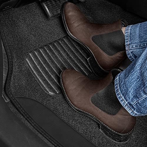 BDK Carpet Floor Mats for Cars, Two-Tone Carpet Car Mat with Faux Leather Accents, Automotive Floor Mat Sets with Built-in Heel Pad, Stylish Interior Car Accessories Black