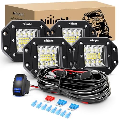 Nilight 4PCS 42W Flush Mount LED Pods Spot Flood Combo Beam Driving Backup Reverse Grill Mount Light with 16AWG LED POD Lights Wiring Harness Kit -4 Leads