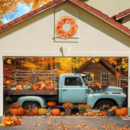 Fall Thanksgiving Garage Door Cover Decorations Backdrop Banner,7x16ft Large Hanging 2 Car Garage Door Cover,Autumn Maple Forest Pumpkin Truck Backdrop Wall Decor for Outdoor Holiday Decorations - Image 5