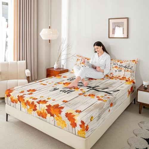 Fall Maple Leaves Sheet Set Twin Autumn Nature Botanical Bed Sheets Rustic Farmhouse Fall Bedding Set For Kids Adults Soft Breathable Fitted Sheet Orange Gold Beige Flat Sheet 1 Pillow Case - Image 7