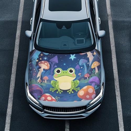 Cartoon Frog Mushroom Car Hood Protector, Adorable Cute Frog Can be Washed Automotive Exterior Accessories for Car Hood Decoration and Protection(3X5FT) Mushroom Forest