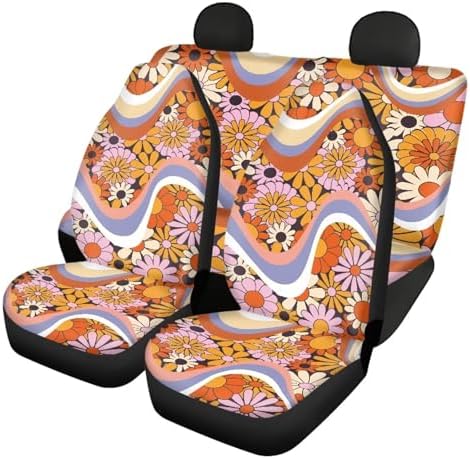 Trendy 60s 70s Wavy Swirl Hippy Floral Print Car Front Seat Covers Y2K Colorful Groovy Daisy Psychedelic Hippie Car Accessories with Rear Bench Covers Auto Interior Decor Protector 4 Packs