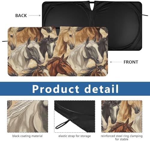 Windshield Sun Shade Horses Animals Car Sunshade for Auto Truck SUV, Sun Shield that Keeps Your Vehicle Cool, Foldable, Storage Bag 62 x 32 in