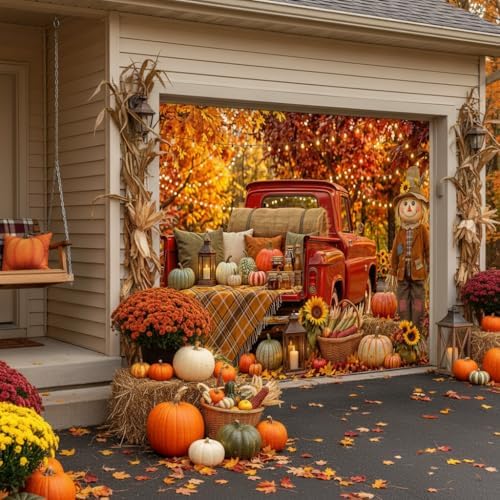 Fall Garage Door Cover 8x7ft Red Truck Pumpkin Scarecrow Harvest Decor - Image 3