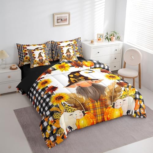 Fall Gnome Queen Comforter Set 7 Pieces Bed in a Bag Autumn Maple Leaves Bedding Comforter Sets,Thanksgiving Pumpkin Santa Dwarf Comforter with Fitted Sheets,Flat Sheets,Pillowcases & Shams - Image 2