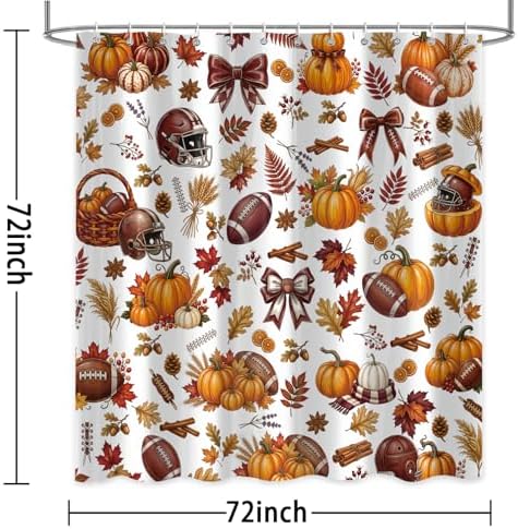Fall Football Pumpkin Shower Curtain, Autumn American Football Sports Leaves Maple Leaf Shower Curtain fo Bathroom Set, Fall Thanksgiving Waterproof Bath Decor with Hooks 72 x72 Inch - Image 5