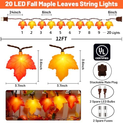 12Ft 20 LED Fall String Lights Plug in Orange Yellow Maple Leaf String Lights Waterproof, for Autumn Home Porch Bedroom Mantel Staircase Fence Fall Decor and Thanksgiving Decorations Indoor Outdoor - Image 4