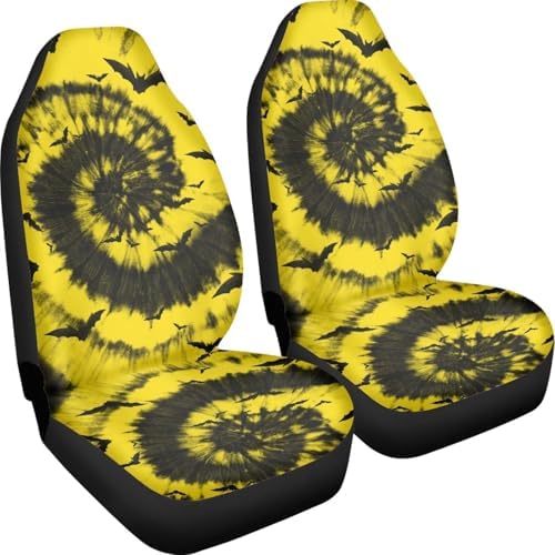 Yellow Black Tie Dye Black Halloween Print 2 PCS Cool Graphic Car Seat Covers Unique Print Front Auto Seat Cover,Car Bucket Seats Protector Covers Universal fit for SUV Sedan Van