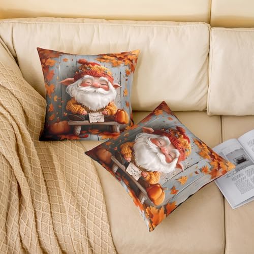 Pack of 2 Fall Gnome Pillow Covers 18"x18",Autumn Orange Maple Leaves Pumpkin Double Sides Print Cushion Covers,Rustic Farmhouse Wooden Plank Retro Square Couch Pillow Covers - Image 2