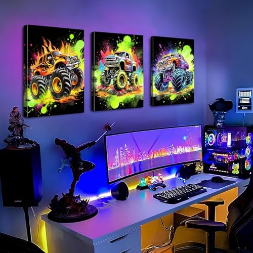 Graffiti Monster Truck Wall Art Funny Car Canvas Prints Pictures Kids Bedroom Wall Decor Cool Watercolor Hot Wheels Monster Supercar Poster Artwork for Boys Gamer Men Dorm Decorations 16x24"x3P - Image 6